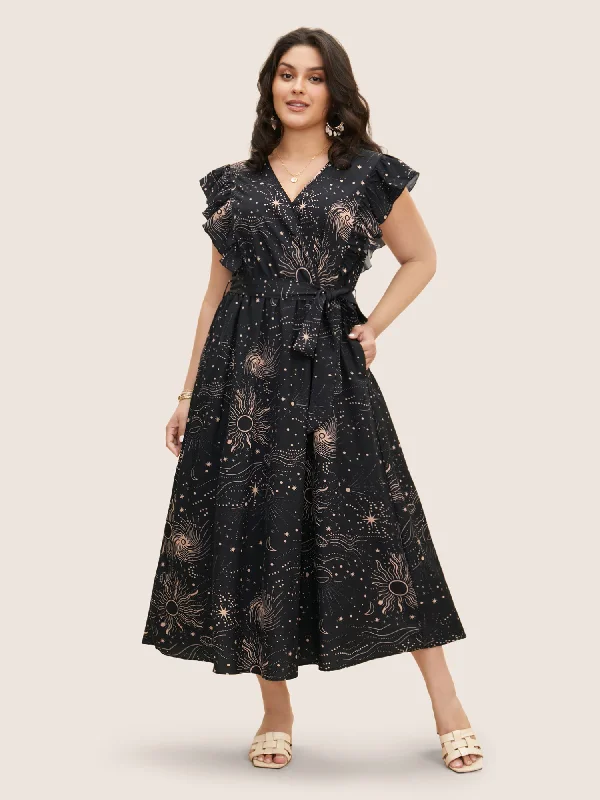 Online Boutiques Best Moon & Star Ruffle Cap Sleeve Maxi Dress
