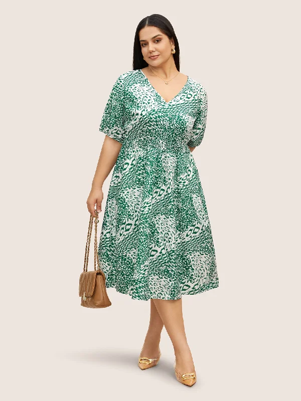 Hot Trends Leopard Print Shirred Lantern Sleeve Dress