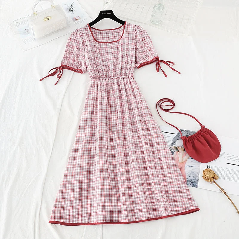 Women's Clothes For Special Occasions Fresh lace up thin high square neck Red Plaid Dress female  4689