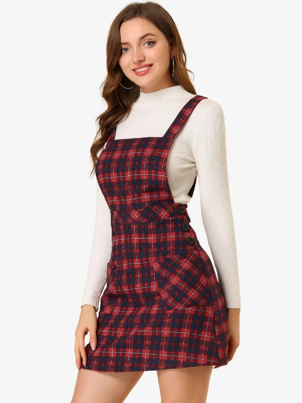 Everyday Women's Fashion Trends Plaid Tartan Button Decor A-Line Pinafore Overall Dress