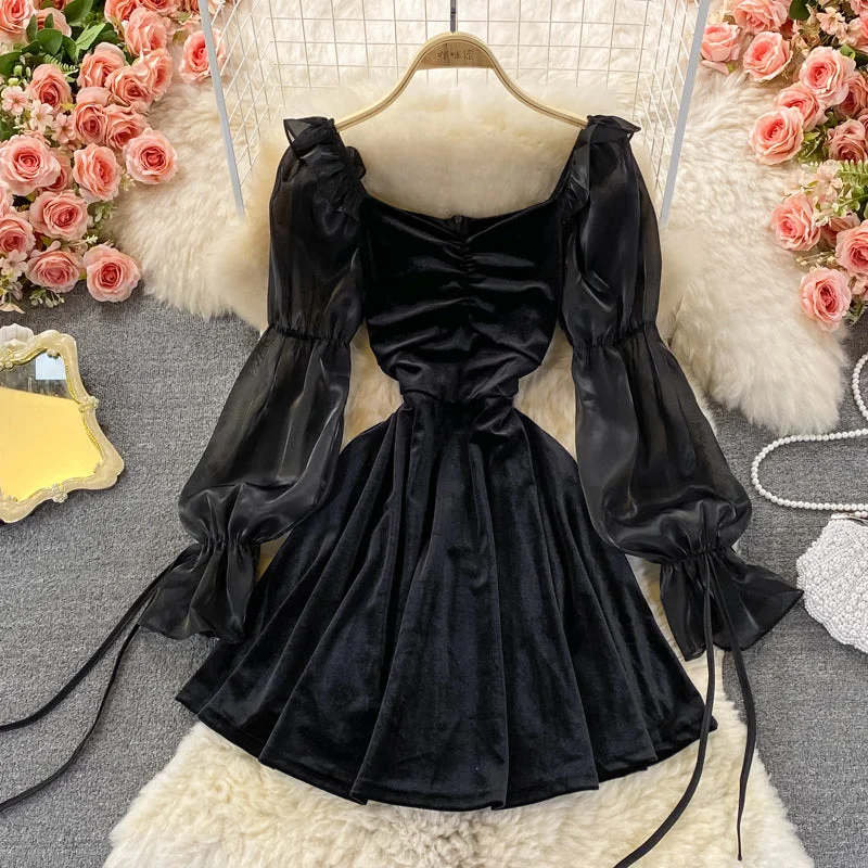 Women's Holiday Outfit Square neck velvet waist puffy dress  3372