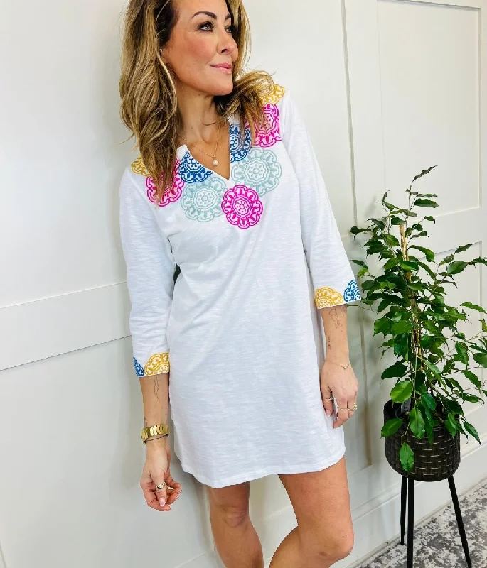Women's Evening Wear White Embroidered Tunic Dress