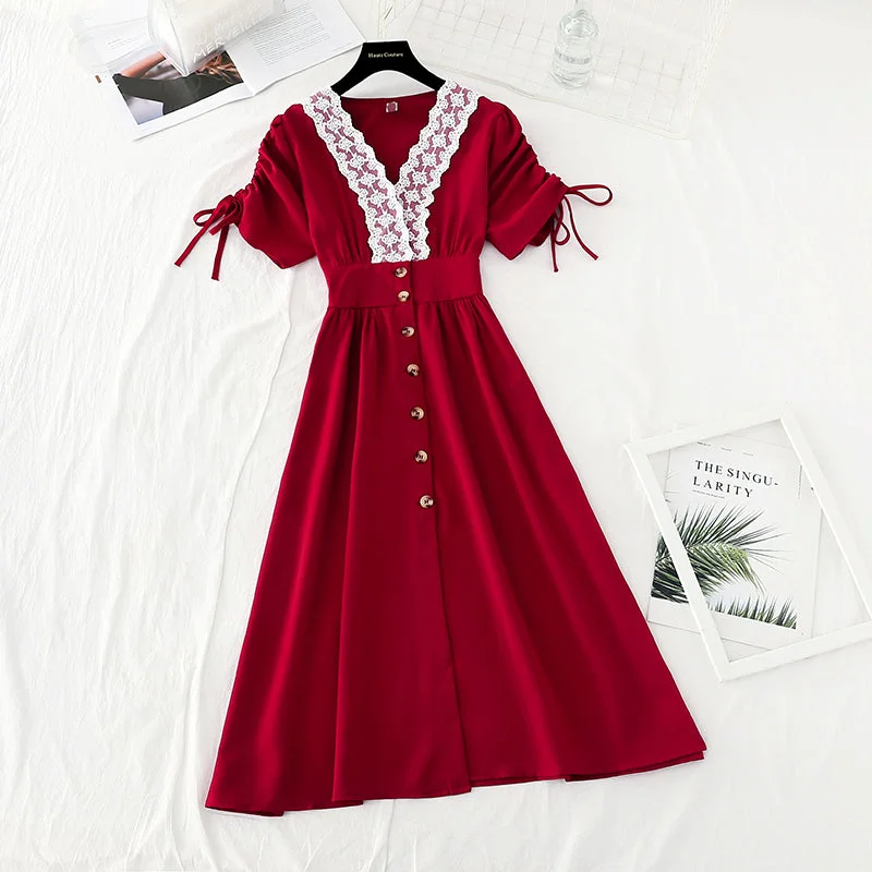 Outfits For Girls New Lace Waist closing slim bubble sleeve French retro dress  4622