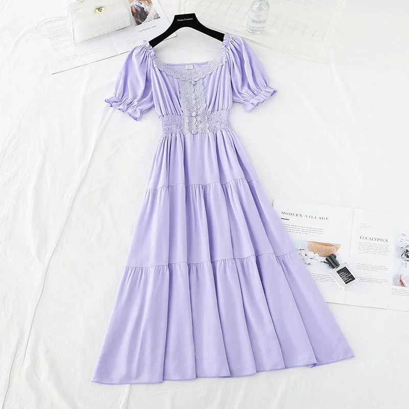Classic Women's Clothing Styles Bubble sleeve cotton linen dress lace edge French retro long skirt  4179