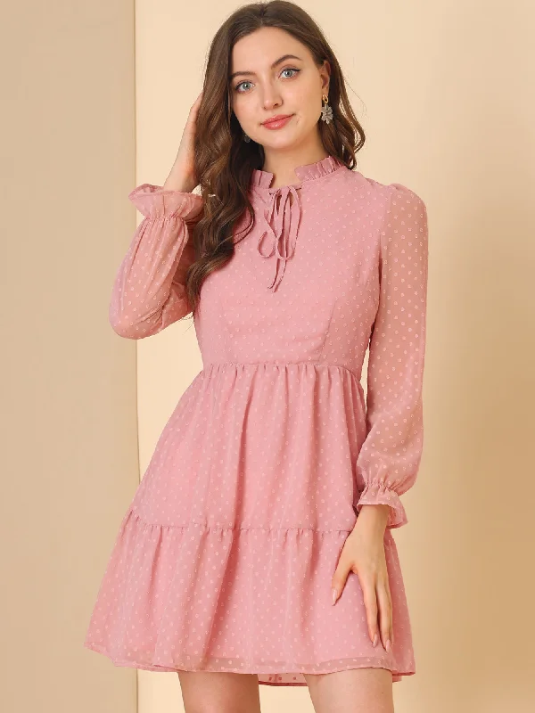 Luxury Fashion Ruffle Tie Neck Swing Tiered Babydoll Swiss Dots Dress