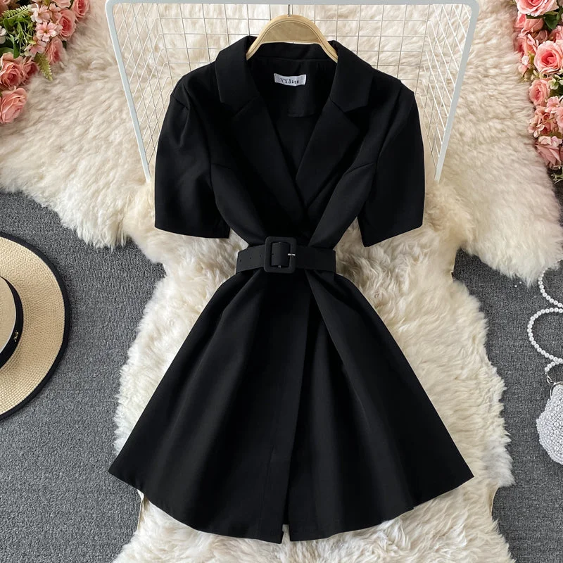 Discount Price Slim waist, solid color short sleeve suit dress  3197
