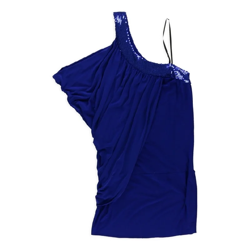 Women's Office Outfit Blondie Nites Womens Drape One Shoulder Dress, Blue, 3XL