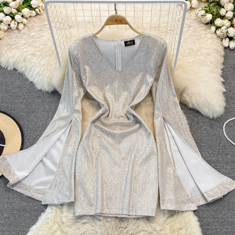 Women's Fashion Clothing High waist V-neck flare flare sleeve dress  2871
