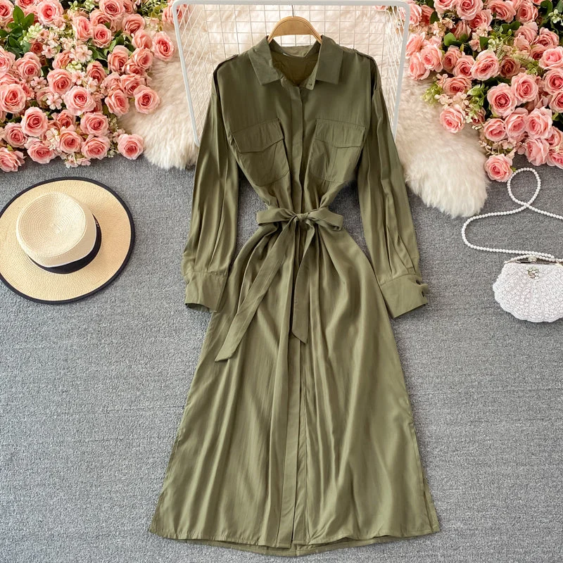 Casual and Comfortable Outfits Loose and slim medium length single breasted Lapel dress  3245