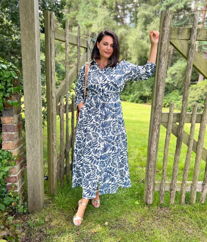 Sophisticated Style Navy Leaf Print Shirt Dress