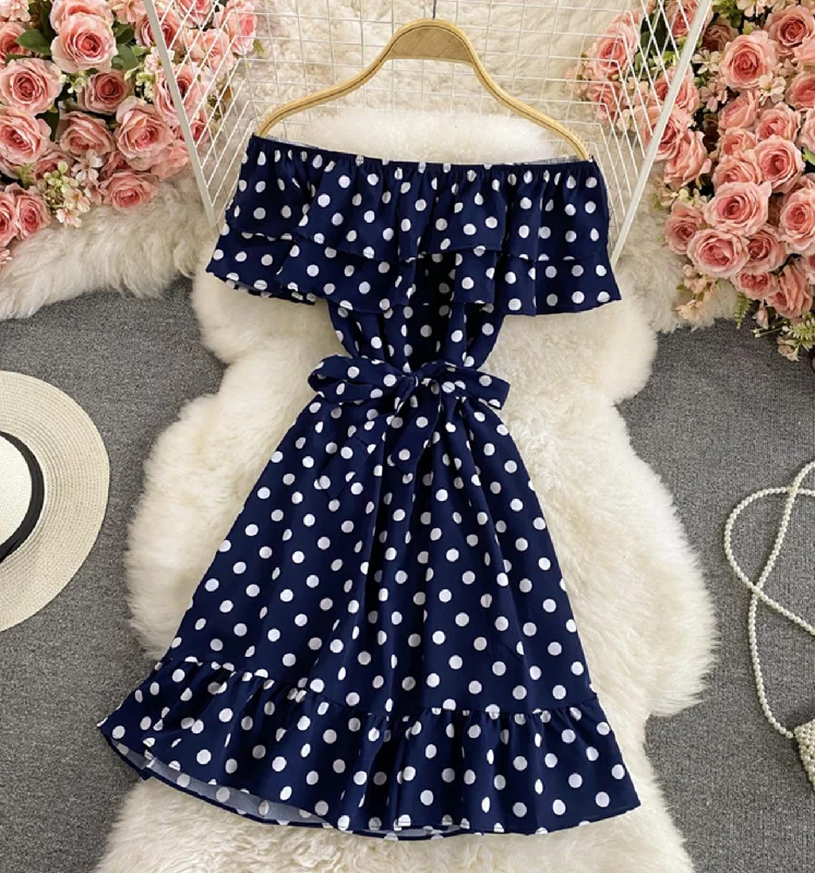 Stylish Clothes For Women Cute polka dot dress A line off shoulder dress  712