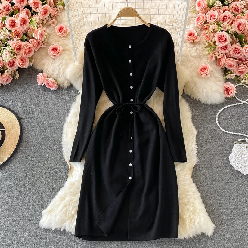 Women's Fashion Essentials Round neck single breasted knitted dress waist sweater skirt  3075