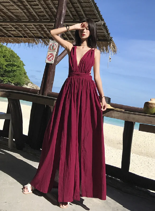 Women Wear Online Burgundy v neck long dress summer dress  1217