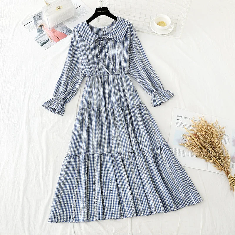Women's Trendy Outfit New women's high waist thin French Plaid Dress  4220