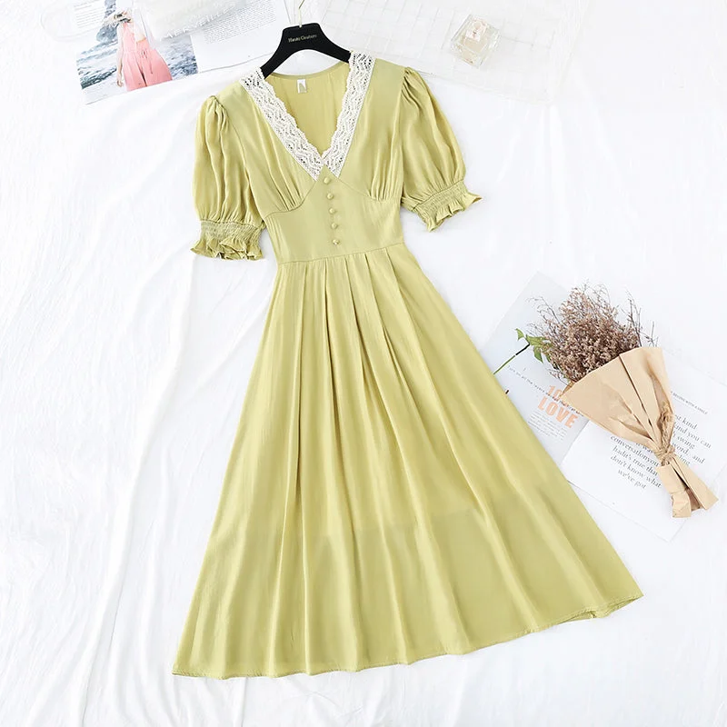 Women's Clothes For Work Events Super fairy bubble sleeve gentle wind high waist thin temperament dress  4209