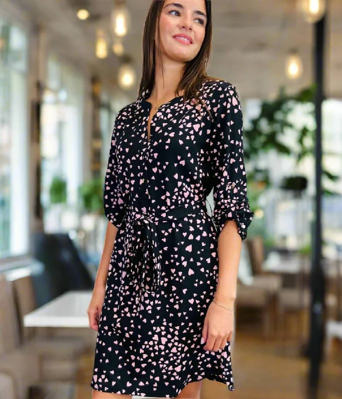 Women's Formal Wear Pink Heart Print Belted Shirt Dress