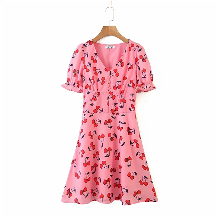 Women's Outfit Single breasted Ruffle bubble sleeve skirt dress  7095