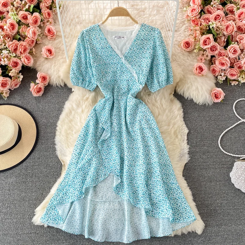 Casual Women's Clothing Blue floral high low A line dress fashion dress  532