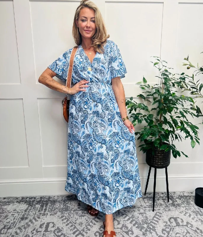 Boutique Dress Online Blue Printed Wrap Front Maxi Dress