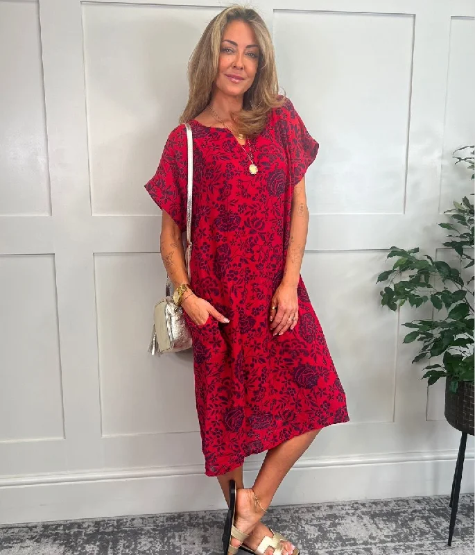 Women's Casual Garments Red Floral Linen Look Dress
