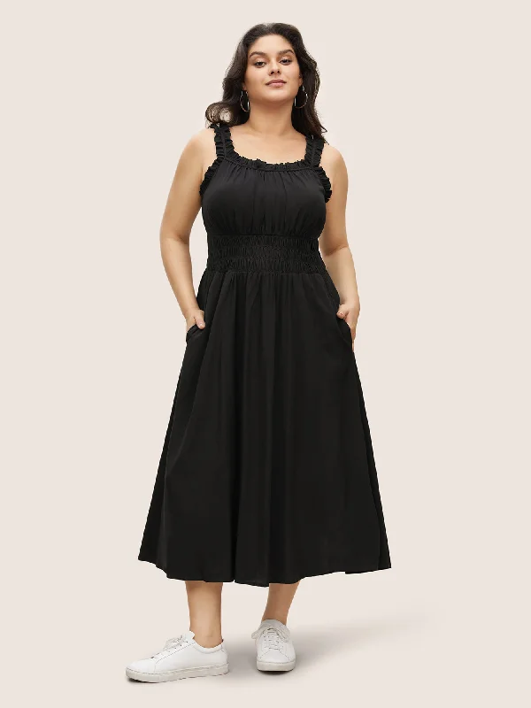 Chic Clothing For Women Plain Gathered Elastic Waist Ruffle Trim Dress