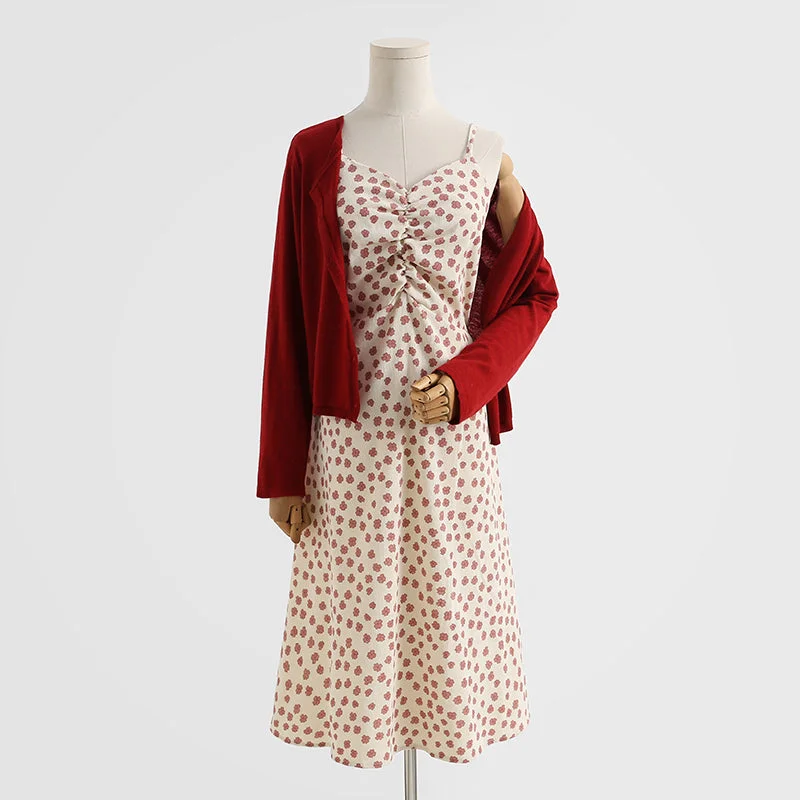 Comfortable Casual Wear Corduroy dress floral suspender skirt foreign style two-piece temperament long skirt  2151
