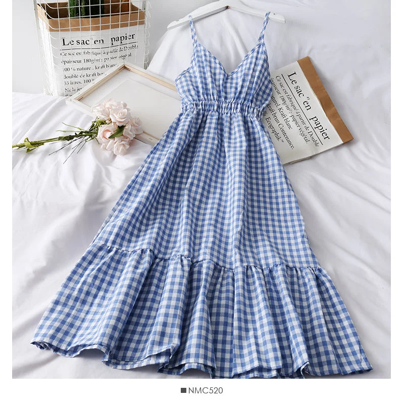 Stylish Clothes For Women Plaid small Qingxin loose tight waist thin medium length dress  2682