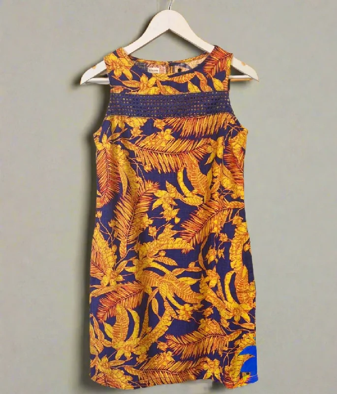 Women's Stylish Casual Garments Blue & Yellow Leaf Print Linen Blend Dress 6