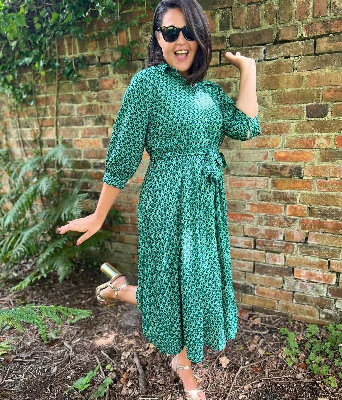 Casual Chic Green Geo Print Midi Shirt Dress
