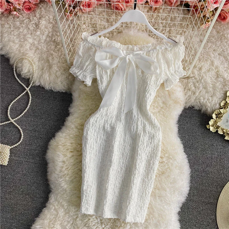 Trendy Fashion For Women Retro sweet waist closed thin off shoulder backless dress  2851