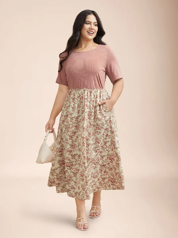 Women's Romantic Outfit Floral Color Contrast Ribbed Pockets Maxi Dress