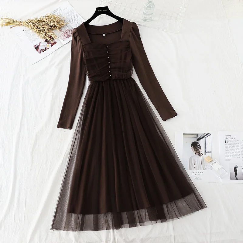 Sale Clothes Online Square neck thin French retro light mature dress  4405