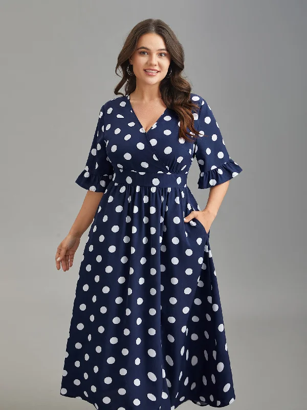 Comfortable Women's Clothing Polka Dots Surplice Neck Waist-Cinched Dress