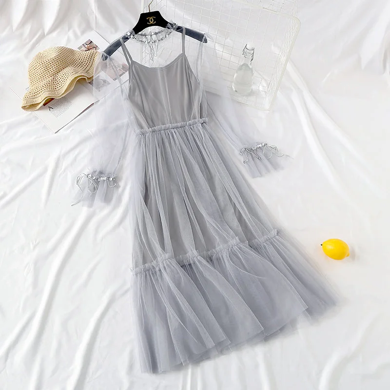 Online Boutiques Affordable Mesh dress French elegant Sequin beaded lace up bottom skirt  2456