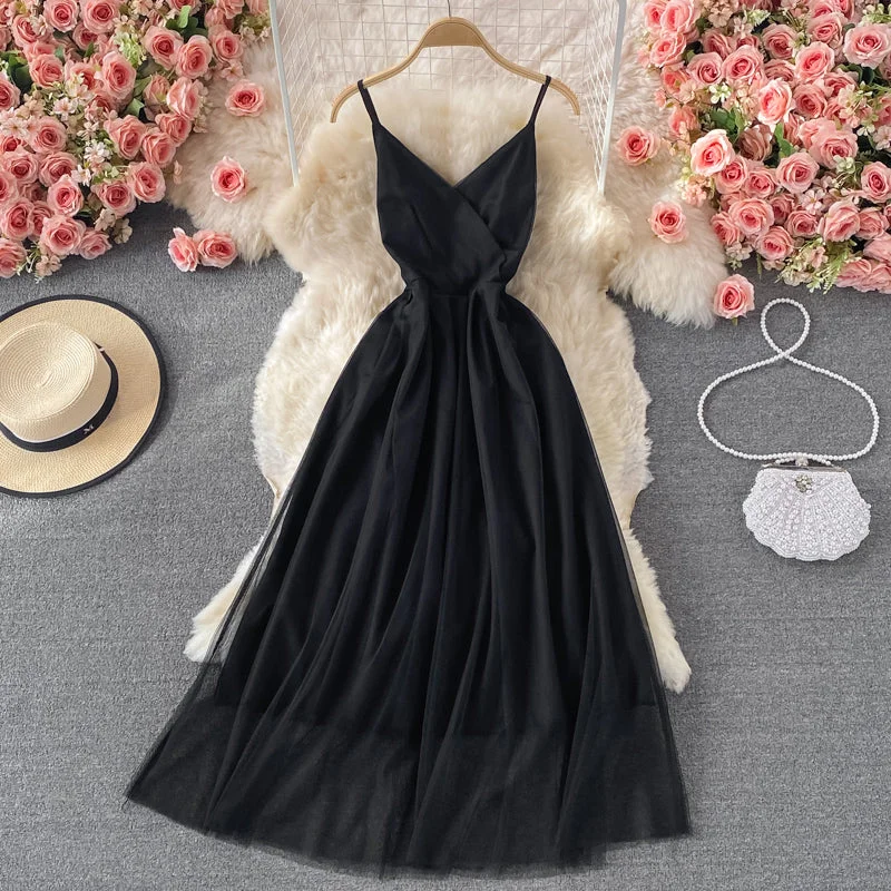 High Street Women's Fashion for Trendy Shoppers Black v neck tulle short dress A line fashion dress  496