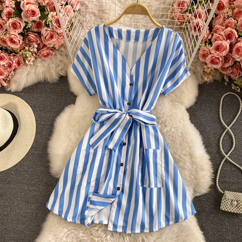 Elegant Women's Fashion Celebrity temperament V-neck stripe lace up waist dress  2962