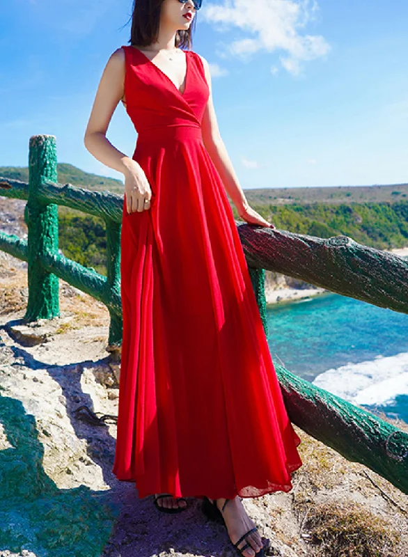 Clothing Sales Red v neck chiffon lace long dress  1214