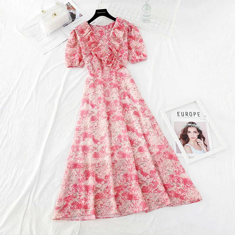 Women's High-End Clothing New style slim waist, gentle wind, broken Flower Chiffon French dress  4529