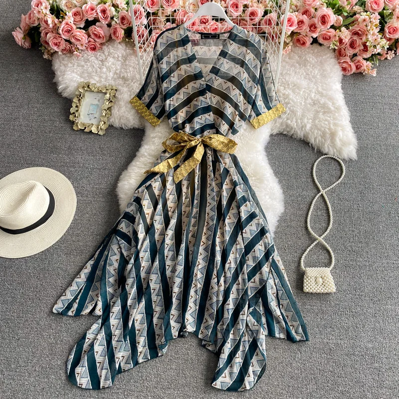 Comfortable Clothes Travel super fairy Chiffon stripe dress  3425