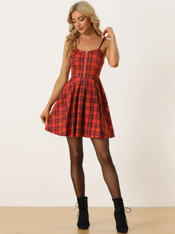 Women's Clothing Stores Elegant Plaid Spaghetti Strap Christmas Skater Dress