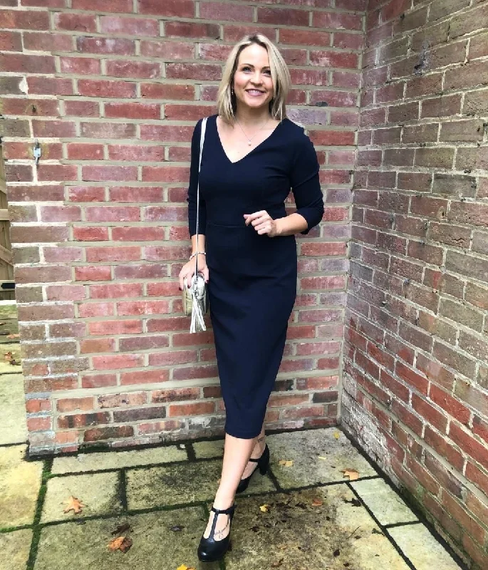 Top 10 Women's Online Clothing Stores Navy Ottoman Ribbed V Neck Dress