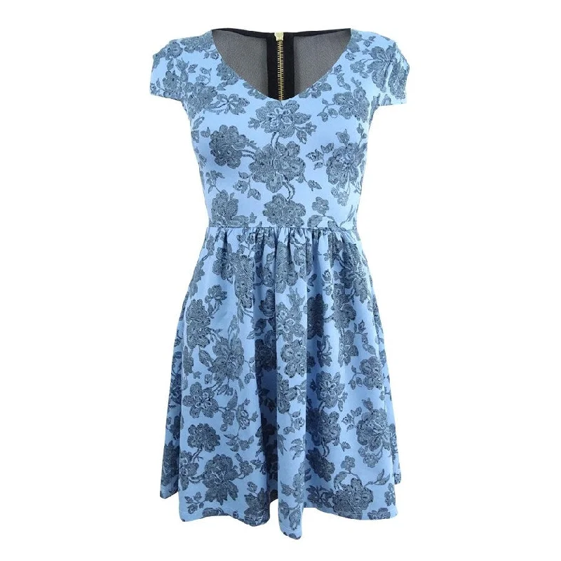 Timeless Women's Clothing B Darlin Juniors' Printed Illusion Fit & Flare Dress (0, Sky Blue)