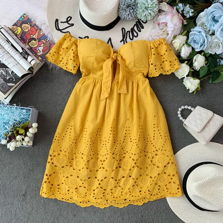 Fashionable Dresses for Women Off shoulder embroidered backless Strapless high waist solid dress  3726