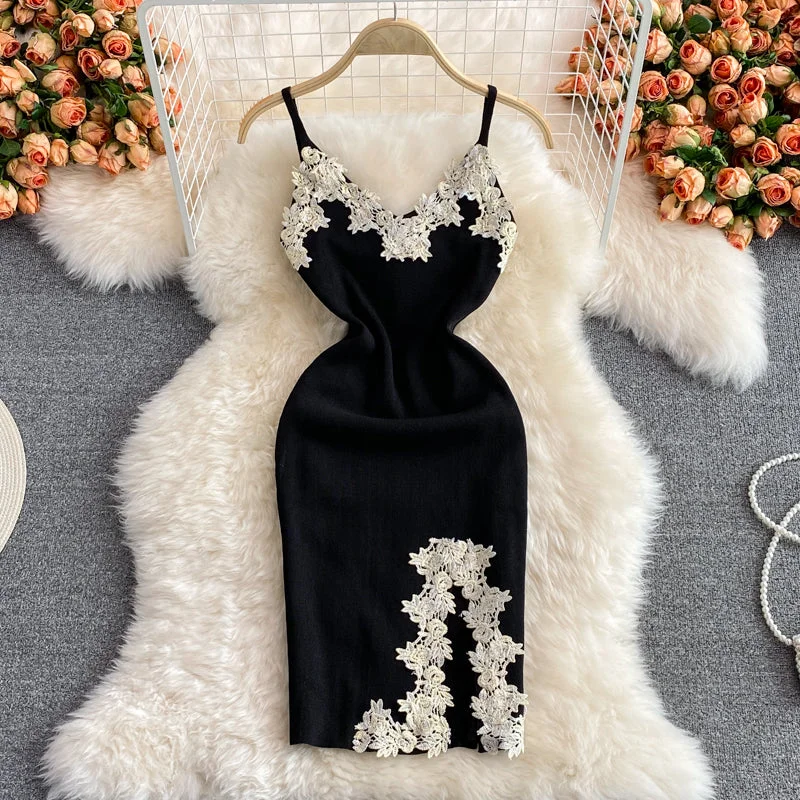 Minimalist Style French retro Flower Embroidered backless knitted buttock dress  2782