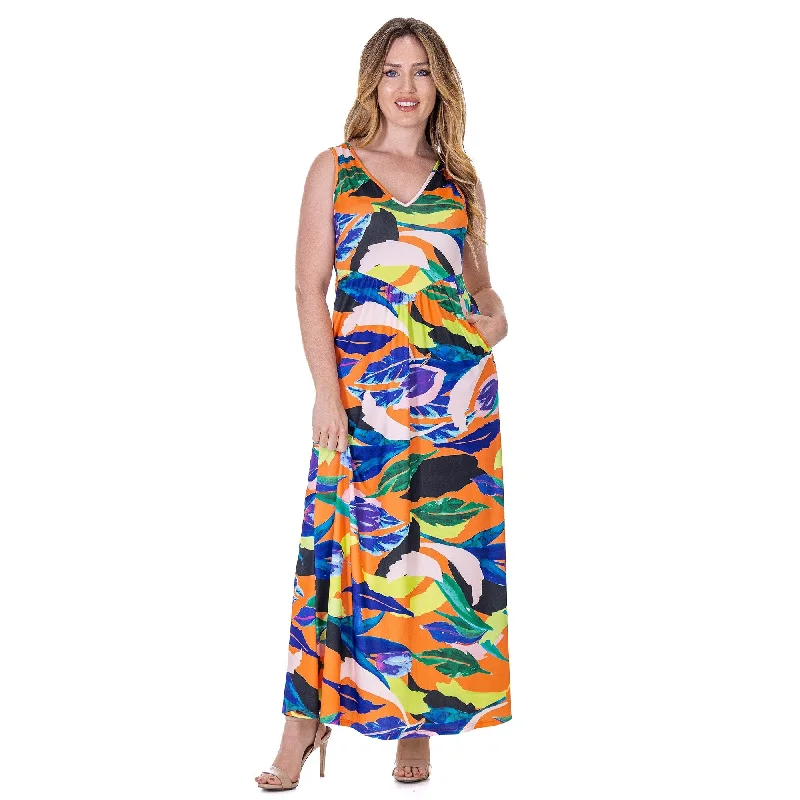 Women's Stylish Professional Garments 24seven Comfort Apparel Multicolor Floral Sleeveless V Neck Maxi Dress With Pockets