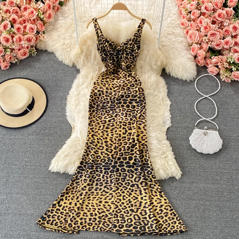 Women's Trendy Clothing Leopard pleated waist slim split buttock dress  2757
