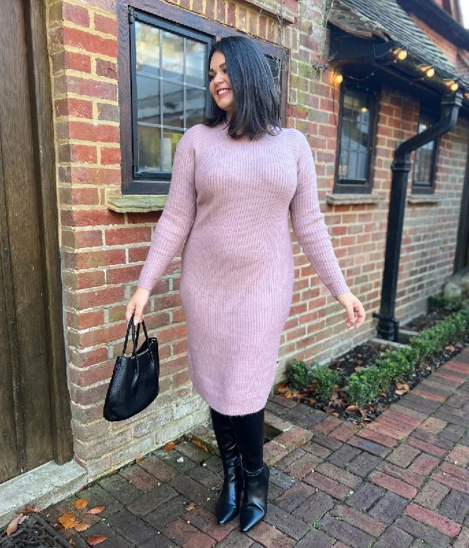 Women's High-Fashion Garments Pink Ribbed Knitted Funnel Neck Dress