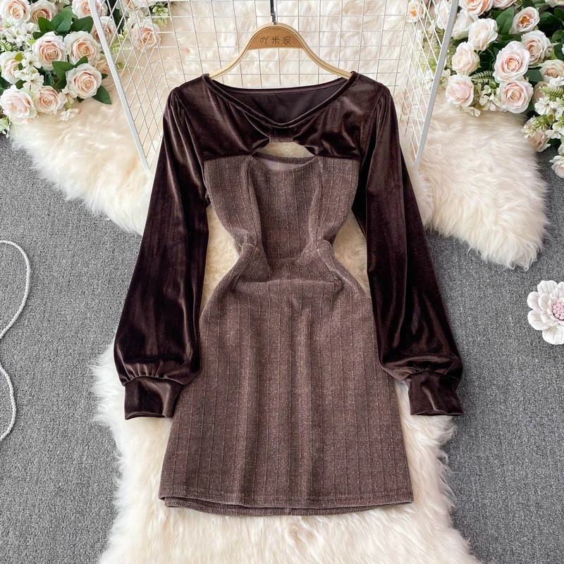 Women's Clothing For Work Round neck velvet patchwork French Vintage Dress  3395