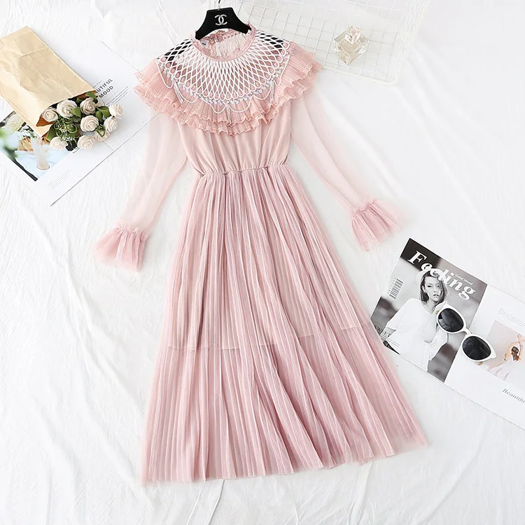 High Street Women's Fashion for Trendy Shoppers Ruffle pleated French super xiansen mesh dress  3806