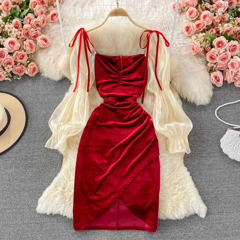 Women's Vacation Clothes Sexy bubble sleeve temperament slim wrap hip dress  3264